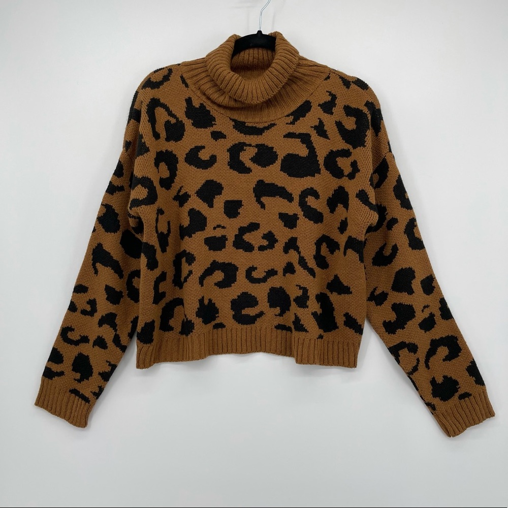 Cotton Emporium Cheetah Print Turtleneck Sweater Pullover Knit Brown Black